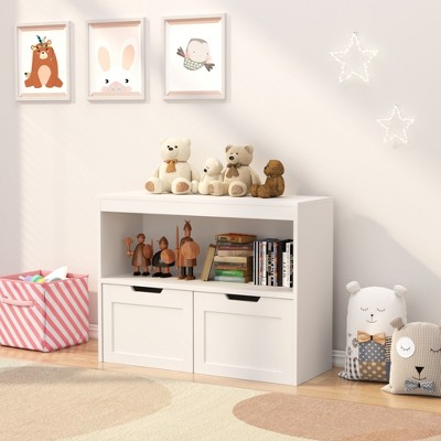 FONTOI Decorative Bookshelf, Modern 2-Tier Bookshelf with 2 Drawers, Toy Storage Cabinet for Kids' Bedroom Nursery, White, 11.8"*24.2"*31.5"