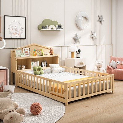 Grungis Full Size Floor Bed for Kidswith Bookcases and Blackboards,Toddler Bed with Guardrails and Storage Headboards,Montessori Bed for Bedroom