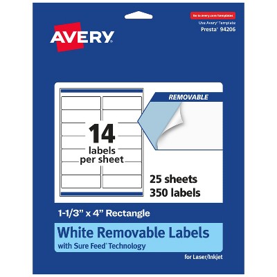 Avery Matte White Removable Rectangle Labels with Sure Feed Technology, 1-1/3" x 4"