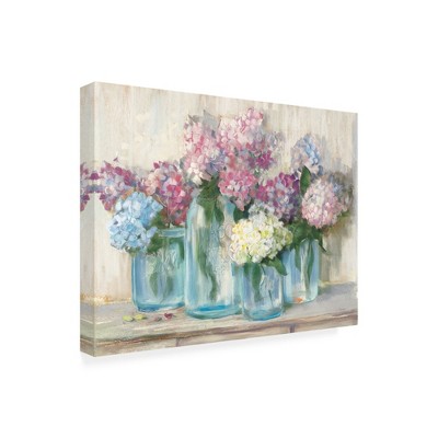 Trademark Fine Art -Carol Rowan 'Hydrangeas in Glass Jar Pastel Crop' Canvas Art