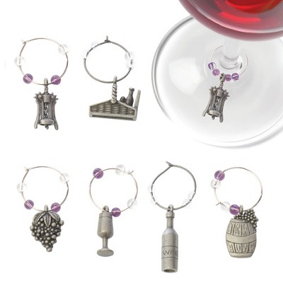 True Winery Pewter Wine Markers Charms - Stainless Steel Drink Charms Glass Markers, Wine Bottle Tags, Wine Party Accessories Decorations, Set of 6