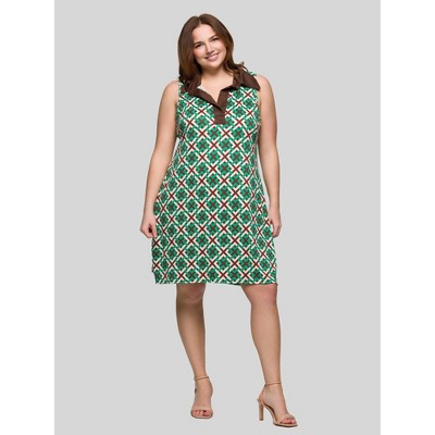 24seven Comfort Apparel Plus Size Brown and Green Sleeveless Collared Mini Dress