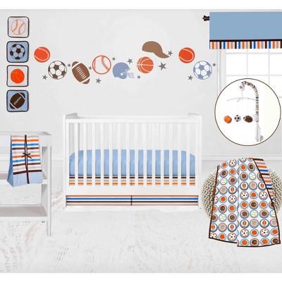 Bacati - Mod Sports Blue Orange Chocolate 11 pc Crib Bedding Set with 2 Crib Fitted Sheets