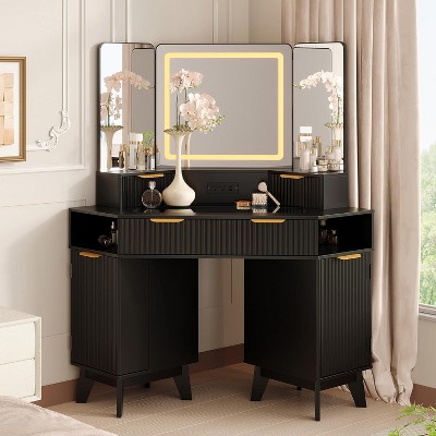 48" Corner Fluted  Makeup Vanity Desk w/ 3-Panel Lighted Mirror & Charging Station - Fluted Glass Top Makeup Desk w/Drawers for Bedroom