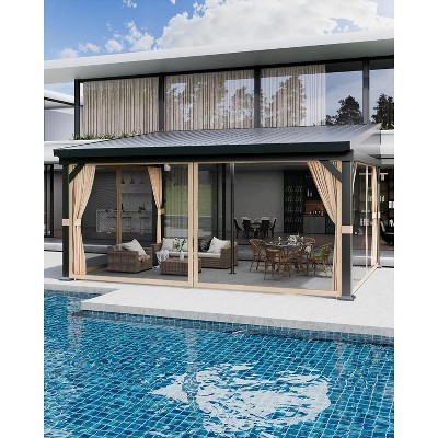 12'x16' Hardtop Gazebo with Netting & Curtains - Wall-Mounted Aluminum Pergola, Galvanized Steel Roof, Gutters - Weatherproof for Patio, Deck