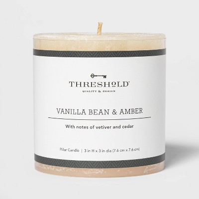 3" x 3" Pillar Vanilla Bean and Amber Candle - Threshold™: Scented, Smokeless, 35h Burn Time