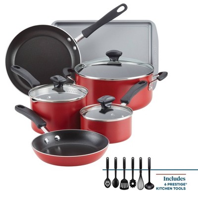 Farberware Cookstart 15pc Aluminum Nonstick Cookware Set with Prestige Tools Red: Gas & Electric Compatible, Oven-Safe