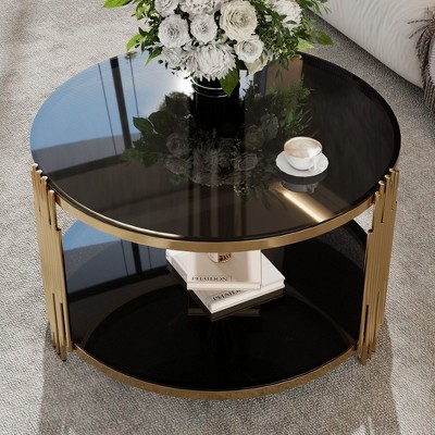 Modern Mirror Coffee Table, Asymmetrical Metal, Circular Metal Drum Base and Lower Shelf, Black 4B - ModernLuxe