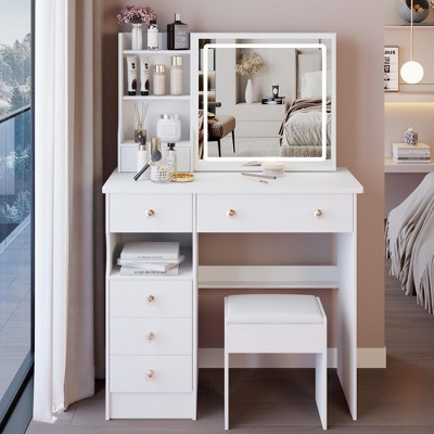 PAGED Vanity Table with Drawers and Lights, 41" Left-Side Vanity Desk with Cushioned Stool & Extra-Large Touch-Sensitive Sliding LED Mirror