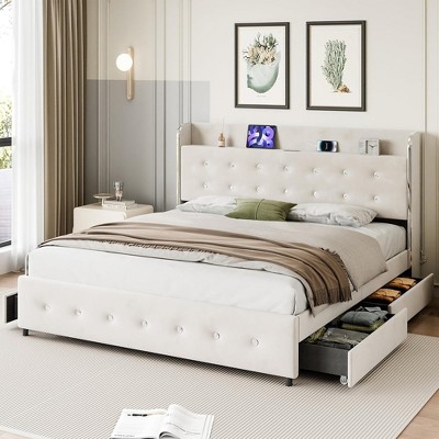 Whizmax Bed Frame, Upholstered Platform Bed Frame with Trundle and 4 Storage Drawers, Bed Frame with Diamond Tufted Headboard, No Box Spring Needed