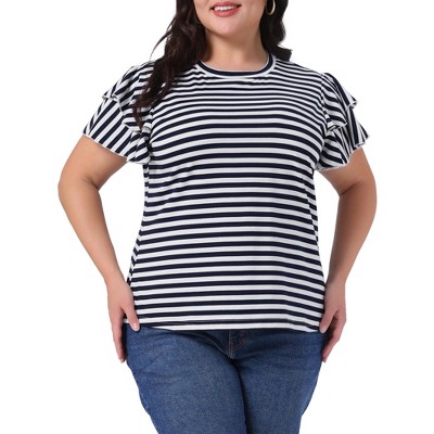 Agnes Orinda Women's Plus Size Round Neck Ruffle Short Sleeve Striped Summer Casual T-Shirt