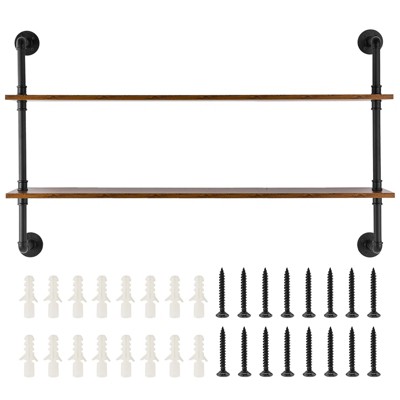 VEVOR Industrial Pipe Shelf, 2 Tier 48x 9.84in, Wall-Mount Floating Rustic Wood Shelves Bracket Display Bookshelf, Black