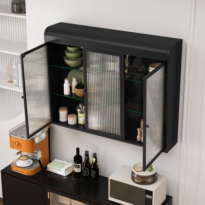 Okak Wall Cabinet, Storage Cabinet with 3 Stripe Shape Glass Doors and Metal Handle, Cabinet for Kitchen, Living Room, Dining Room