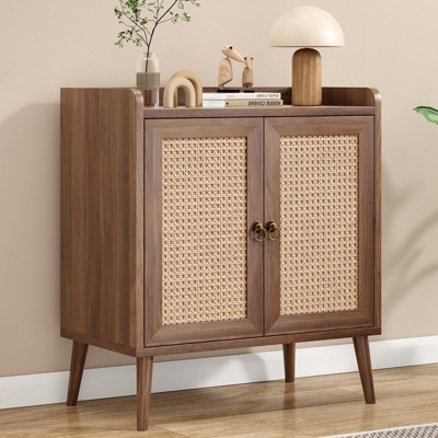 ORRD Medieval Style Buffet Cabinet with Rattan Doors - Bar & Liquor Storage Credenza for Dining Room & Hallway,Walnut