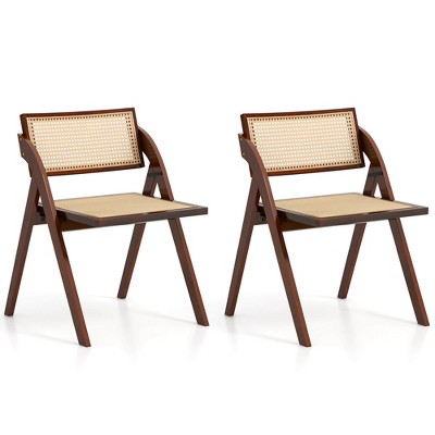 Costway Foldable Dining Chairs Set of 2/4 with Woven Rattan Backrest & Seat Rubber Wood Frame Brown