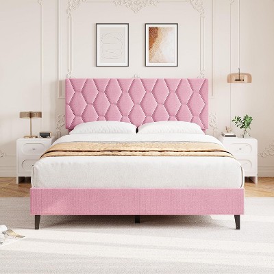 Pink Full/Queen/King Upholstered Bed Frame with Headboard, Platform Bed with Wood Slats, No Box Spring Needed
