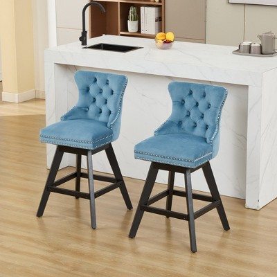DSVIMOY Counter and Bar Stool Set of 2 Swivel Velvet Barstools with Button Tufted and Wooden Legs for Kitchen, Light Blue, 25.5"*18.1"*18.9"
