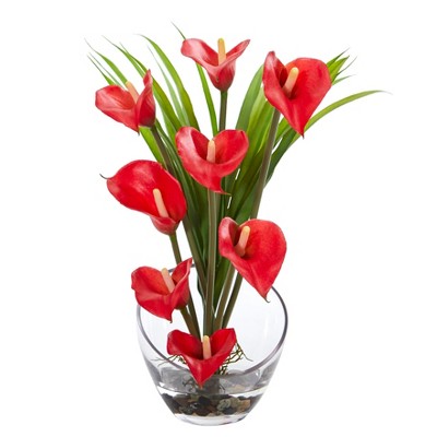 Nearly Natural 15.5-in Calla Lily and Grass Artificial Arrangement in Vase, Red