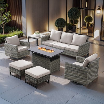 Buenhomino Outdoor Wicker Patio Furniture Set with 43" Propane Fire Pit, Swivel Patio Chairs Set with Sofa Couch, Fire Pit Table and Ottoman