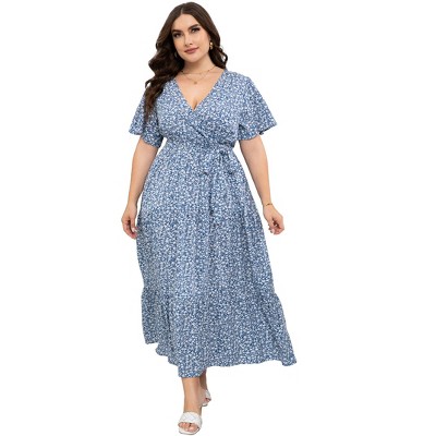 Plus Size Short Sleeves Wrap Maxi Dress V Neck High Waist Ruffle Casual Summer Belt Dress