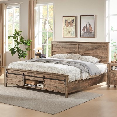 SinCiDo King Size Storage Beds with Headboards & Sliding Door Storage Cabinets, Farmhouse Wood Bed with Solid Wood Slats Support, Noiseless, Light
