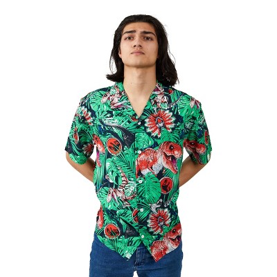 Jurassic Park Dinosaurs & Jungle Foliage AOP Short Sleeve Woven Button-Down Men's Shirt-XL