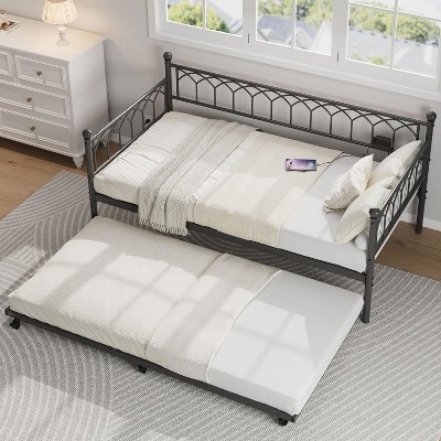 Metal Daybed with Trundle Twin Bed Frame with LED Lights, Charging Ports, Sofa Bed for Bedroom Living Room