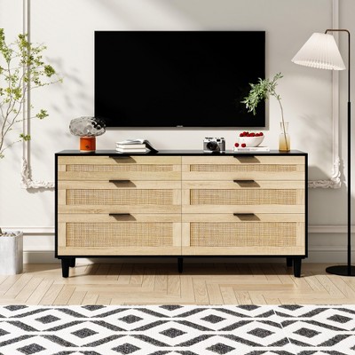 CAVINAS 51/59 Inch Rattan Dresser with 6 Drawers,Dressers & Chest of Drawers with Metal Handle for Bedroom,Hallway,Living Room