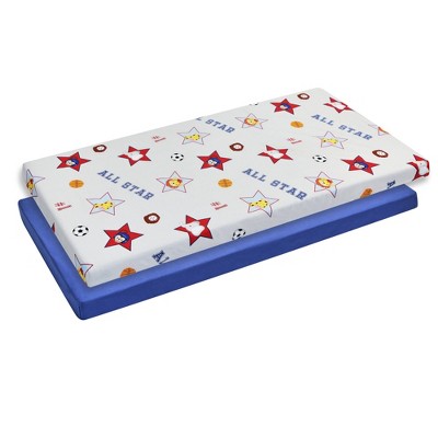 Everyday Kids 2 Pack Baby Cradle Sheets – 100% Cotton, Soft, Breathable, Fits Most Cradles – Jungle Animal Sports & Solid Blue Designs