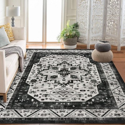 Low Pile Soft Carpet,Boho Vintage Area Rug,Non Slip Washable Rug for Living Room,Machine Washable Floor Mat for Bedroom, Office, Nursery