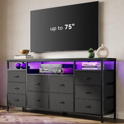 coucheta 63" Fabric TV Stand with 10 Drawers, for 65-75 Inch TVs, LED Entertainment Center with Power Outlets & Open Storage Shelves