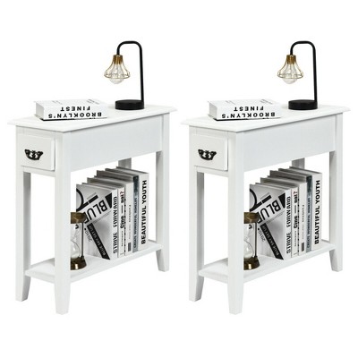 Costway Set of 2 Nightstand 2 Tier End Bedside Sofa Side Table w/Drawer &Shelf White