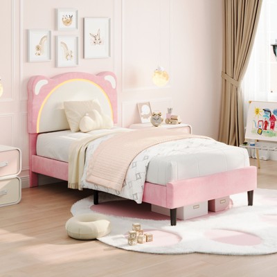Full Size Bed Frame for Kids, Upholstered Platform Bed Frame with Adjustable Headboard & Led Light, No Box Spring Needed, for Kids' Room Nursery