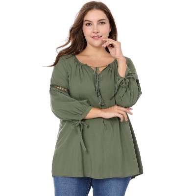 Agnes Orinda Women's Plus Size Tie Tassel V Neck Hollow Bowknot Long Sleeve Casual Blouses