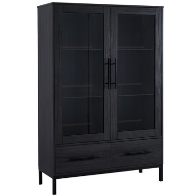 CLIHOME 60" Tall LED Lighting Display Cabinet with Tempered Glass Door, Modern Style Storage Cabinet with Two Drawers, Walnut