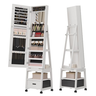 66" Full Length Mirror Jewelry Cabinet  Lockable Standing Armoire Organizer with Storage Drawer, Back Shelf, 360°
