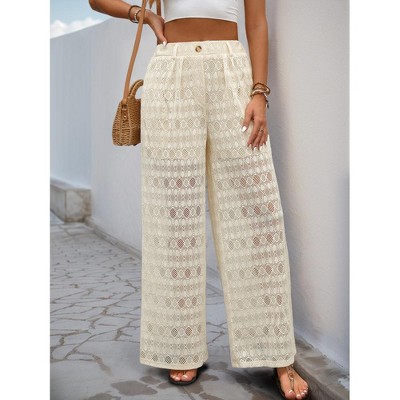 Women's Pants Wide Leg Elastic Waist Lace Hollow Two Side Pockets Oversize Loose Casual