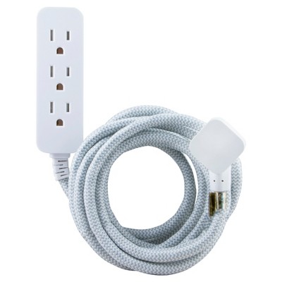Cordinate 10' Outlet Extension Cord Gray/White: Indoor Flat 10 ft, 3 Outlets, 16 AWG, ETL Listed