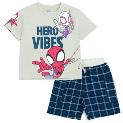 Marvel Spidey and His Amazing Friends Raglan T-Shirt Plaid Shorts Outfit Set Toddler