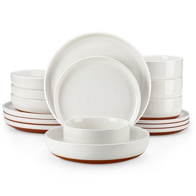 vancasso 16 Piece Set With Curved Edge Sesame Glaze, White plate surface + Khaki plate bottom, With 4 dinner plates/dessert plates/pasta/cereal bowls