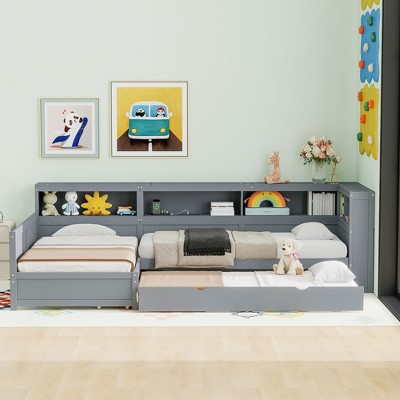 Twin Daybed Sofa Bed with Trundle, USB Ports & Drawer, Wooden L-Shaped Platform Bed Frame - ModernLuxe