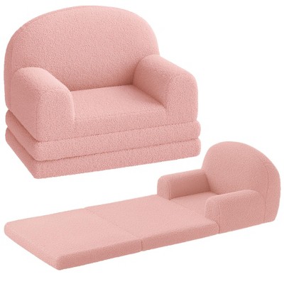 Kids Couch, 2-in-1 Convertible Teddy Fleece Fabric Toddler Sofa Chair, Soft Fold Out Couch Lounger for Kids, Comfy Children's Sofa Bed