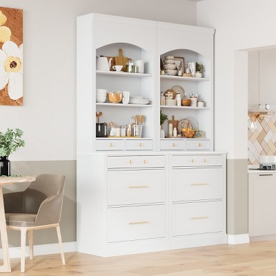83.7" Tall Freestanding Pantry Cabinet Set with Faux Marble Countertop, 10 Drawers and Adjustable Shelves for Kitchen Storage-Cuddlewood