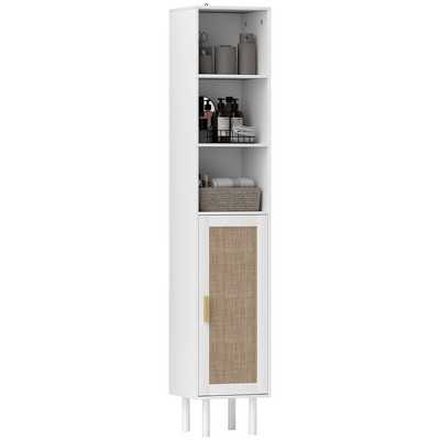HOMCOM Tall Bathroom Storage Cabinet with Rattan Doors, Freestanding Bathroom Cabinet with Open Shelves and Cabinet