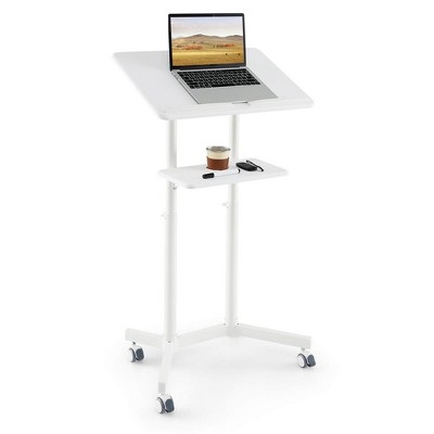 Costway 1/2 PCS Mobile Lectern Podium with Tilting Top Storage Tray Lockable Casters White