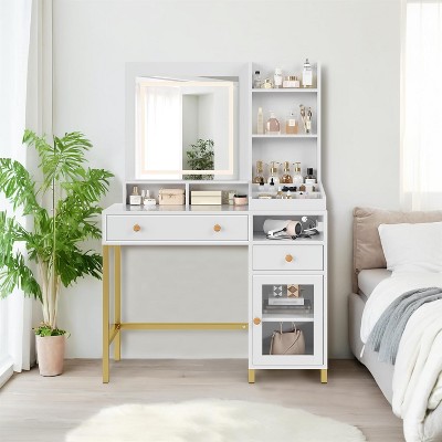 Makeup Vanity Desk with Mirror and Lights Elegant Makeup Desk with 2 Drawers 1 Storage Cabinet