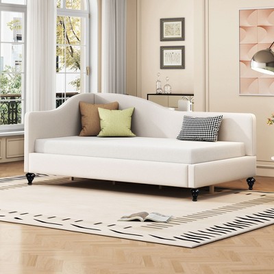 Twin/Full Size L-Shaped Linen Daybed with Solid Wood Legs, Beige/Gray, 4W -ModernLuxe