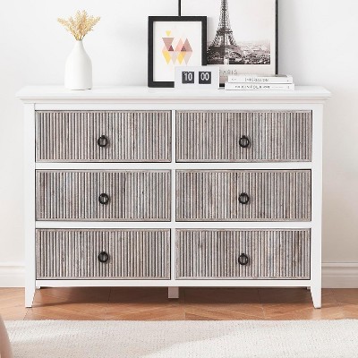 Dresser for Bedroom, 6 Drawer Double Dresser Fluted Drawers Panel, Wide Modern Chest of Drawers with Deep Drawers, Dresser TV Stand