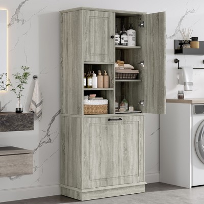 ORRD Tall Storage Cabinet with Adjustable Shelves, Flip-Out Basket & Enclosed Cabinets, MDF with Alloy Handles