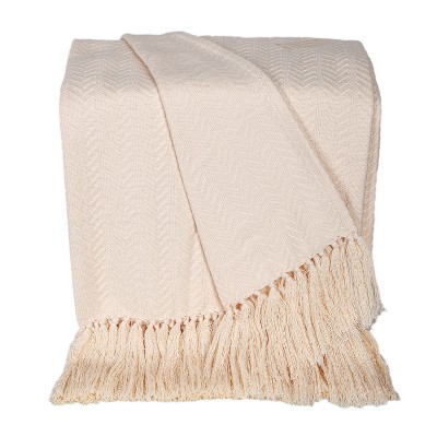 HomeRoots 50" X 60" Cream Woven Cotton Herringbone Throw Blanket with Fringe